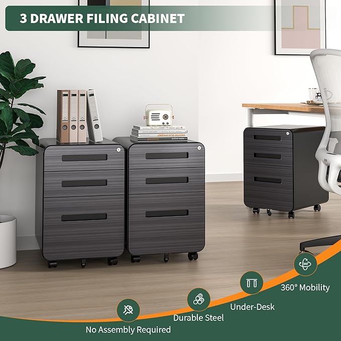 TEEALUBAN 3 Drawer Mobile File Cabinet with Lock,Rolling Under Desk Storage Organizer,Fits A4/Letter/Legal Files, Metal Frame with Wheels for Home & Office