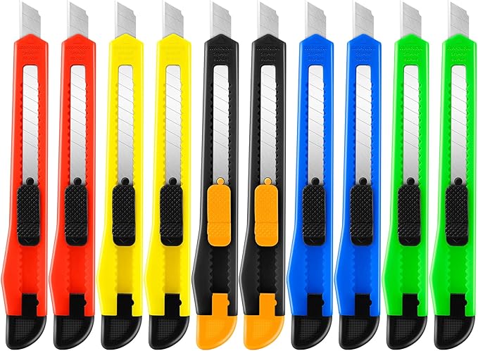 TIFICAL 10 Pack Box Cutter Retractable, 9MM Snap-Off Blade Utility Knife, Razor Knife with Self-Lock Design, Box Cutter Knife Exacto Knife for Cutting Boxes, Carton, Cardboard, Disposal Box Opener