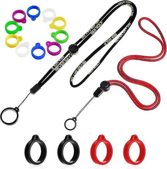 16 Pcs Anti Lost Lanyard Set Include 2 Necklace Lanyards Safety Neck Strap with 14 Silicone Ring Soft Protective Ring (Black, Red)