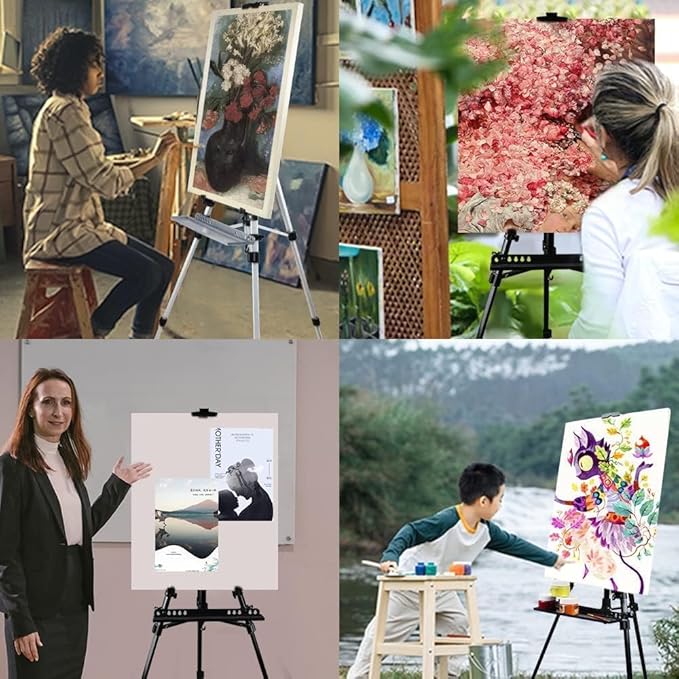 RRFTOK Art Easel Stand for Painting and Sign - Aluminum Metal Artist Tripod Adjustable Easels for Display Height from 21 to 61Inches - Canvas Stand with Paintbrush Tray for Artists Adult Holder