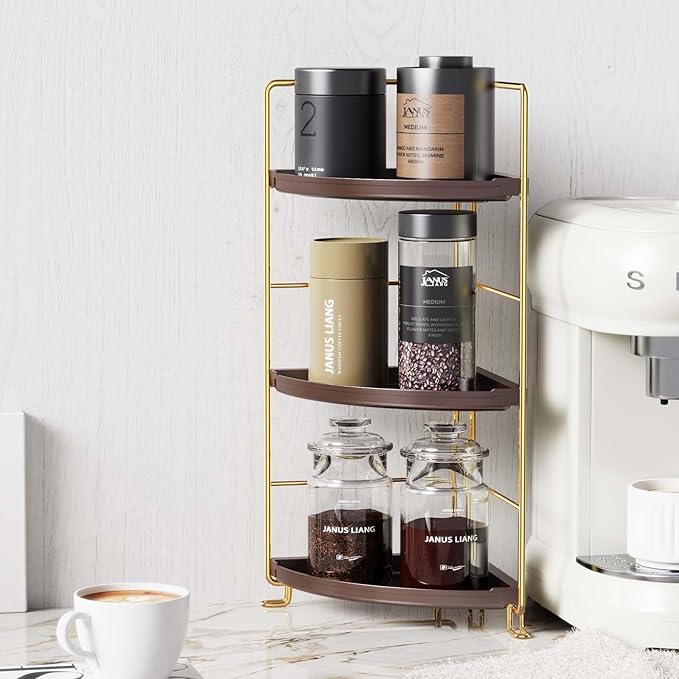 JANUS LiANG 3-Tier Corner Bathroom Organizer Countertop for Storage，Counter Tray and Vanity Organizer，Plastic Counter Organizer for Kitchen, Bathroom, Dresser 10.6 inches (Gold Brown)
