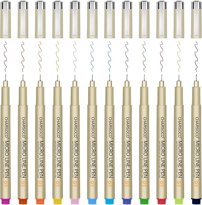 CHARSOCO 01 Micro Pen, 12 Colors Fine Point Pen, 0.25mm Fineliner Ink Pens for Artist Illustration, Waterproof Archival Ink, Sketching, Anime, Manga, Technical Drawing and Scrapbooking-fan