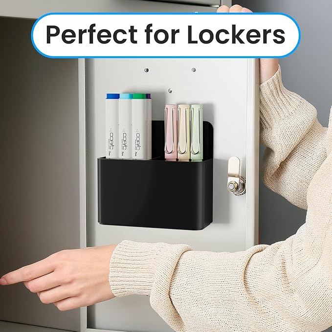 First-zgel 3 Pack Magnetic Dry Erase Marker Holder, Wall Pen Holder for Whiteboard, Magnet School Locker Organizer Accessories, Self Adhesive Pencil Cup, Pen Caddy, Classroom Organization (Black)