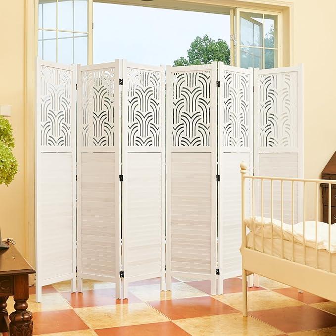 Svimi Folding Room Divider, 66.9 Inch 6 Panels Wood Carved Privacy Screens, Free Assembled Freestanding Portable Separation Wall for Home Office Restaurant Bedroom (White)