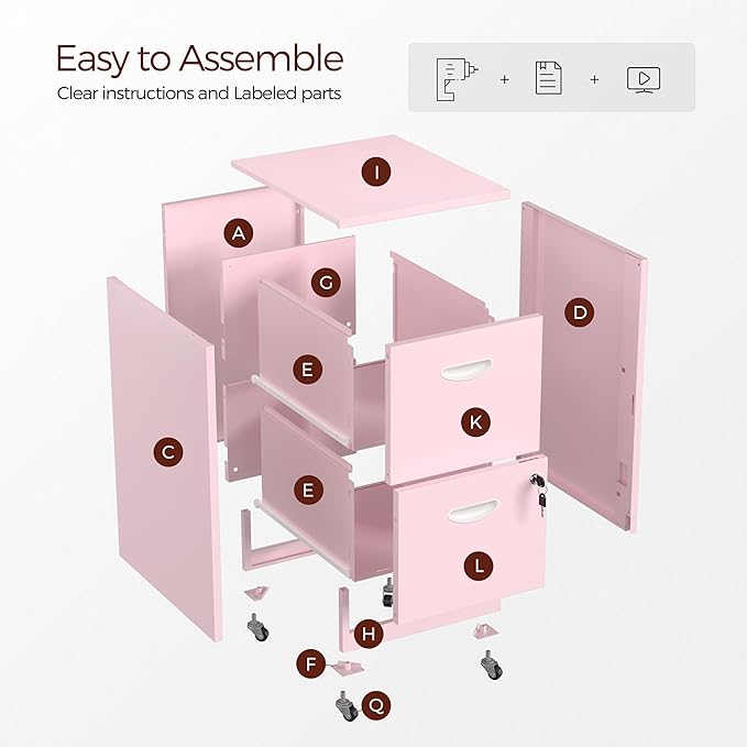 Kubohogar 2 Drawer Mobile File Cabinet with Lock, Pink Metal Filing Cabinets with Wheels, Vertical Rolling File Cabinet Fit Hanging Files, Letter and A4 Documents
