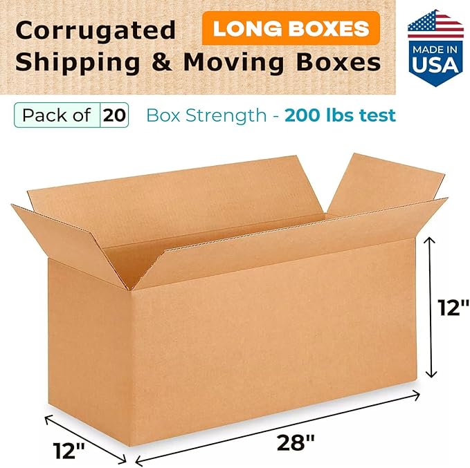 Long Shipping & Moving Boxes 28"L x 12"W x 12"H (20-Pack) - Extra Strength 200 lb vs Regular - Corrugated Strong Packing Boxes for Moving - Heavy Duty Shipping Box - Shiping Box by IDL Packaging