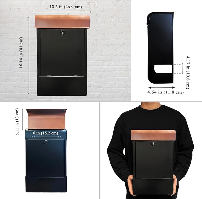 NACH Locking Mailbox, 16 x 4.5 x 10 inch, Black Mailbox with Lock, Waterproof Mailbox Wall Mount - The Dominion Lockable Mailbox