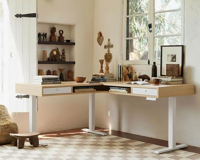 HUANUO Electric L Shaped Standing Desk, 63″ Height Adjustable Corner Standing Desk with 2 Under Desk Drawers & Open Storage Sapce, Stand Up Table with Power Strip Tray & Cable Grommets, Light Walnut