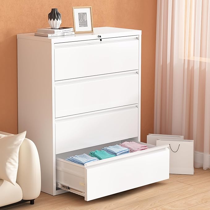 Pataku 4 Drawer File Cabinet with Lock, Metal Lateral File Cabinets for Home Office, Locking Filling Cabinets for Hanging Files Letter/Legal/F4/A4 Size(4Drawer/White)
