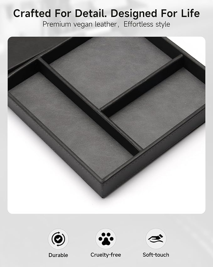 Valet Tray, Built in Wireless Charging Pad, Nightstand Organizer, Two-Toned Premium Vegan Leather Desk Bedside Caddy Organizer Tray for Keys, Watch, Wallet, Jewelry (Black+Gray)