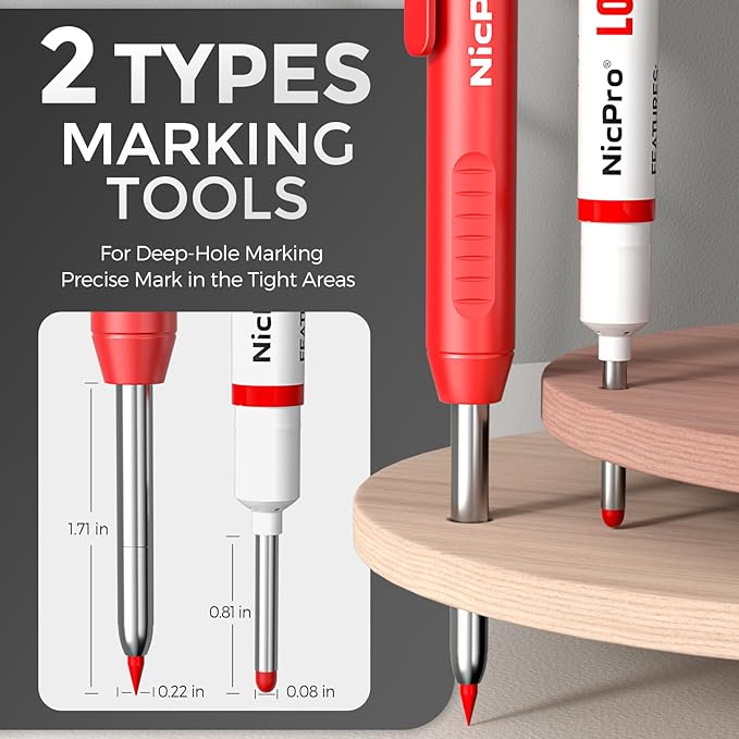 Nicpro 6 Pack CP1000 Carpenter Pencils with Sharpener, Mechanical Pencil Set with 66 Refills, Deep Hole Long Nib Marker Pens, Heavy Duty Woodworking Tools Construction Pencil for Architect Marking