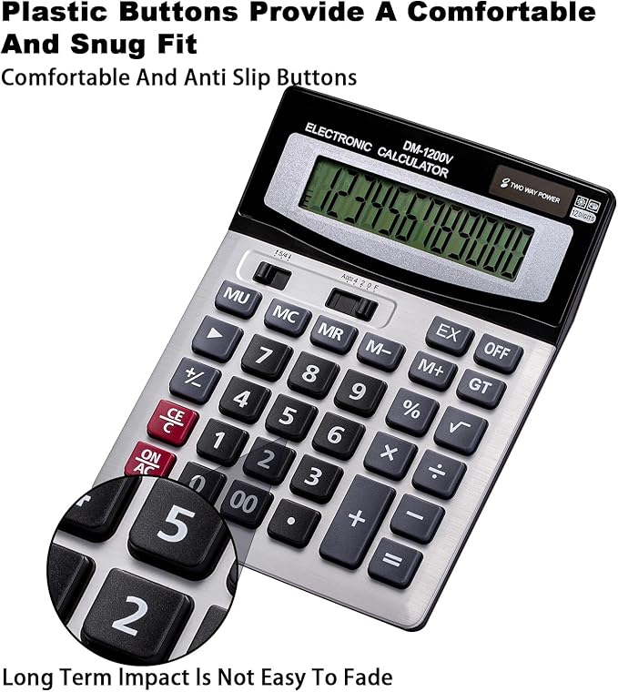 YEBMoo 12 Digit Desktop Calculator with Large LCD Display and Sensitive Button, Dual Solar Power and Battery, Standard Function for Office (YE1200v)