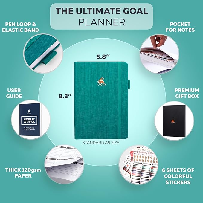 Clever Fox Ultimate Achiever’s Goal Planner - Focus & Productivity 90 Day Journal. Undated Daily Weekly Monthly Planner Organizer & Hourly Schedule Notebook - Hardcover, A5 Size, Turquoise