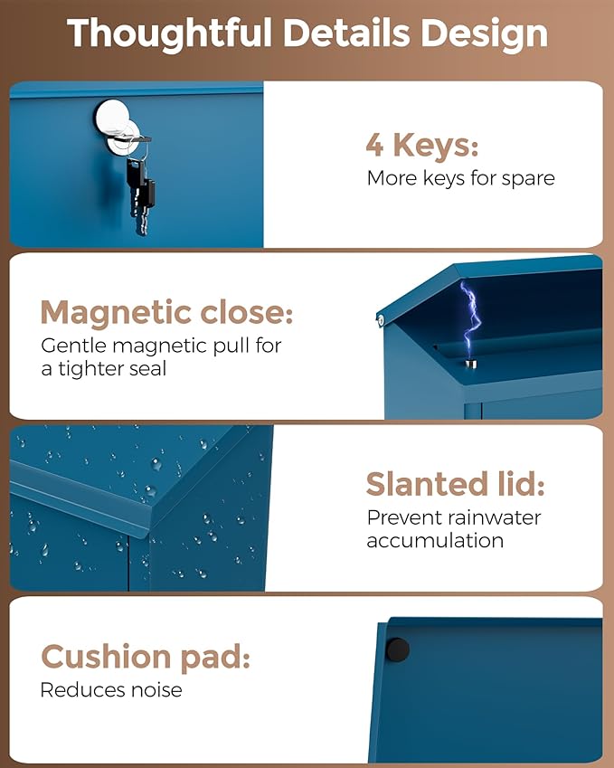 LAND·VOI Locking Wall-Mount Mailbox for Outside, with 4 Keys, Galvanized Steel Rustproof Metal Postbox, 4" Dx13.8 Wx11.2 H, Includes 3 Sets of Mailbox Numbers, Nameplate, Blue