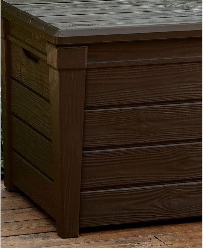 Keter Outdoor Storage Deck Box, for Patio, Backyard & Garden, Brightwood, 120 Gal, Brown - Lockable, Organizing, and Waterproof Plastic Container Bench