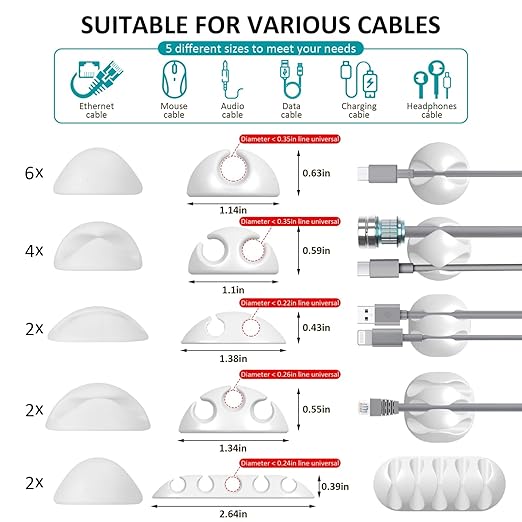 16Pack White Desk Cable Management,Adjustable Cord Organizer Cable Clips,Cable Organizer for Cords Phone Charger/PC/TV,Ideal Cord Holder for Nightstand/Wall/Desk/Office/Home/Car