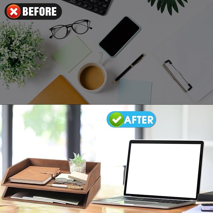 Beeveer 2 Pcs Wooden Letter Trays Wood Letter-Size Desk Organizer Heavy Duty 2 Tier Stackable Supports Paper Tray Desktop Drawer Organizer File Folder Magazine Office Accessories(Dark Wood)