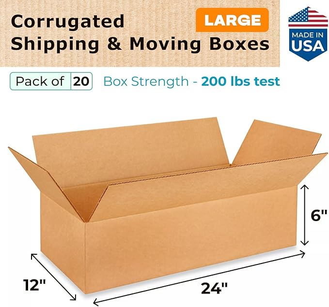 Large Shipping & Moving Boxes 24"L x 12"W x 6"H (20-Pack) - Extra Strength 200 lb vs Regular - Corrugated Shipping Boxes Large for USPS - Moving Box Heavy Duty by IDL Packaging