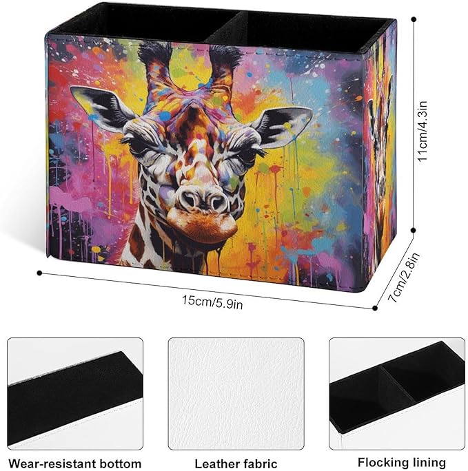 Famame Graffiti Vintage Giraffe Pencil Holder for Desk, Leather Desktop Container Pen Cup Storage Study Table Pen Organizer Makeup Brush Holder for Classroom Office Home