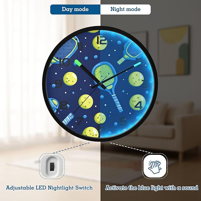 Vozoza Pickleball Game Sports 12 Inch Analog Wall Clocks Battery-Operated with Led Lights for Living Room Bedroom Kitchen Office Decor, Battery Not Included