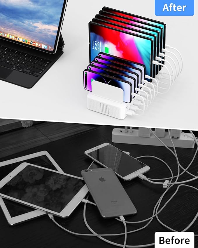 270W Charging Station for Multiple Devices, 20-Port USB Fast Charging Station with Adjustable Dividers & 10 Cables, Multi Device Organizer Charging Dock for iPhone, iPad, Tablets & More
