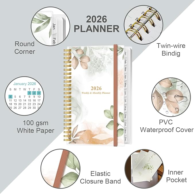 2026 Pocket Planner/Calendar - 2026 Planner from January 2026 - December 2026, Planner 2026 with 12 Tabs, Twin-Wire Binding, Inner Pocket, 3.75" x 6.75, Rose Leaf