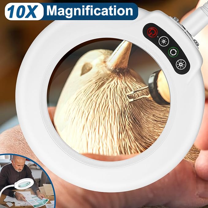 IVMAIE 10X Magnifying Glass with Light, Real Glass Lens, 5 Color Modes Dimmable, Flexible Gooseneck Lighted Magnifier with Stand, LED Desk Lamp Hands Free for Crafts Painting Reading Close Work, White