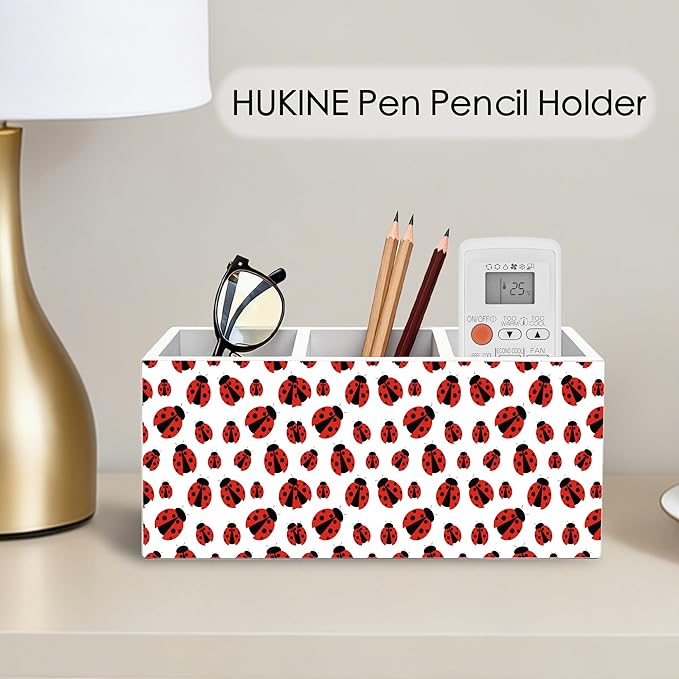 HUKINE Red Ladybug Pen Holder for Desk Decoration, Ladybug Gifts for Women Wooden Box Sign Pencil Holder Organizer for Home Office Desk Accessories, Lady Bug Gifts
