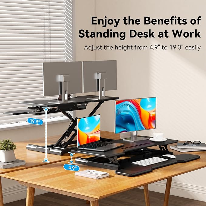 JYLH JOYSEEKER 35" Standing Desk Converter, Height Adjustable Desktop Riser with Keyboard Tray for Two Monitors, Sit to Stand up Computer Workstation for Home Office, Black