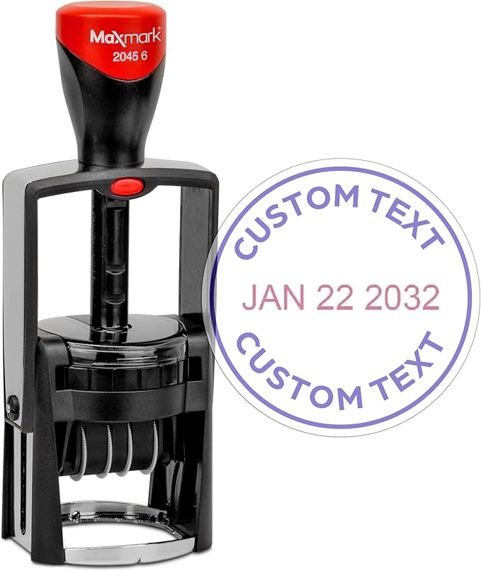 MaxMark Heavy Duty Round Date Stamp with Custom Text, Self Inking Date Stamp - 2045-6 - Choose from Many Font and Color Options