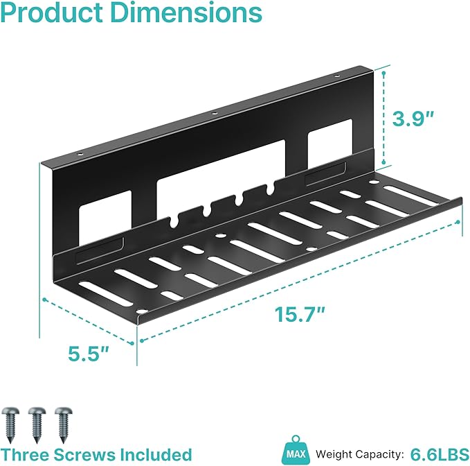 PEGZONE Under Desk Cable Management Tray, 15.7 Inches Metal Cord Organizer Rack, Desk Tray for Power Strip, Cord, Wire, Easy Mounting Cable Management Under Table for Home Office, Black