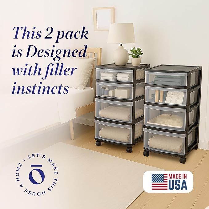 HOMZ 2-Pack Drawer Tower, 4-Tier Clear Plastic Storage Organizer Cart, Black Frame - Organizing Containers with Wheels for Home, Bathroom, Bedroom, Office, and Classroom
