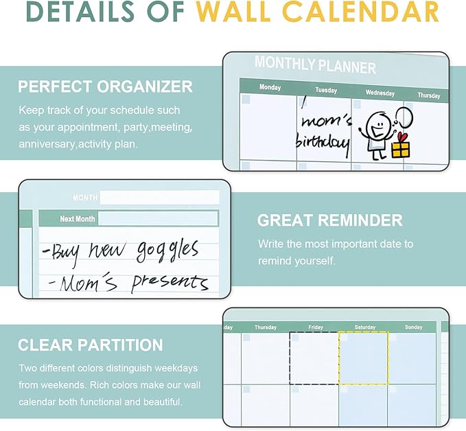 MAKELLO Dry Erase Calendar for Wall 36" x 24", Large White Board Calendar with Next Month for Office, Family, Kitchen and Bedroom