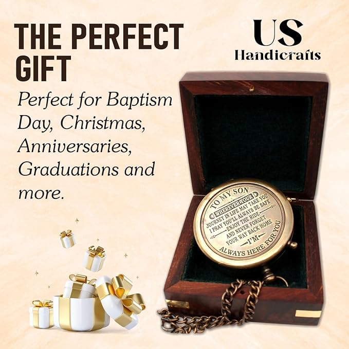 US HANDICRAFTS Brass Compass with Wooden Case | Engraved Compass from Mom to Son | Graduation Gift, Birthday, Inspirational Travel Keepsake