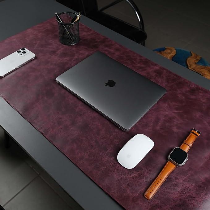 TORONATA Jersey Genuine Calfskin Leather Desk Pad, Office Desk Mat with Non-Slip Bottom, Smooth Surface for Mouse & Keyboard, Desk Protector (36x19 inches) (Dark Purple)