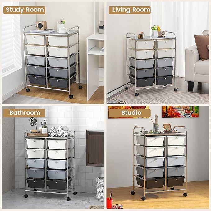 HAPPYGRILL 10-Drawer Rolling Storage Cart, Storage Organizer Cart with Lockable Wheels, Beauty Salon Movable Utility Cart for School, Office, Home, (Grey Gradient)