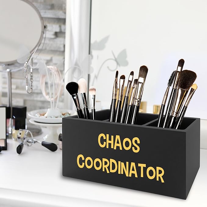 XPH Chaos Coordinator Black Yellow Pen Pencil Holder Organizer for Desk, Thank You Gifts for Women Men Coworkers Boss Leader Manager, Appreciation Gifts Wooden Box Sign for Desk Tabletop Decorations