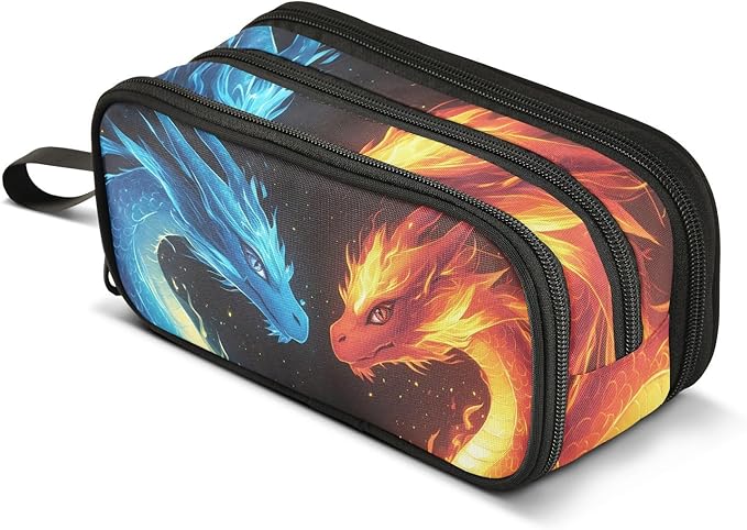 BOENLE Dragons Red Blue Fire Eyes Pencil Case Box Boys Girls Large Pencil Pouch with Zipper Compartments Big Capacity Stationery Pen Bag Organizer for Kids Teens Adults School