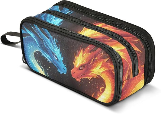 BOENLE Dragons Red Blue Fire Eyes Pencil Case Box Boys Girls Large Pencil Pouch with Zipper Compartments Big Capacity Stationery Pen Bag Organizer for Kids Teens Adults School