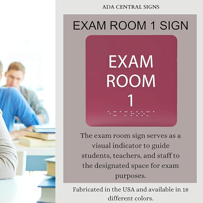 ADA CENTRAL SIGNS - 6" X6" Exam Room 1 Sign - ADA Compliant Tactile Graphics Grade 2 Braille Text Acrylic Wall Signs - Educational Institution Directional Assistance Test Center Door Sign for Schools