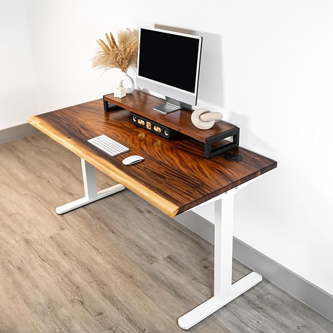 Standing Desk with Monitor Stand – Walnut Solid Wood Desk, Natural Live Edge, Adjustable Height Dual Motor, Sit Stand for Home Office (White, W60 x D27)