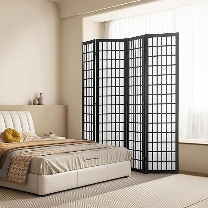 VEVOR Room Divider, 4 Panel Japanese Room Divider, Wood Folding Privacy Screen Indoor, Partition Dividers Portable Decoration Screens, for Room Separation Home Office Restaurant & Bedroom(Black)