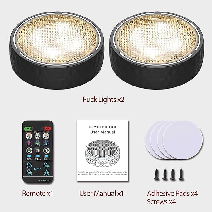 Battery Operated Puck Lights with Remote LED Under Cabinet Lighting Wireless Stick on Lights Color Changing Timer Tap Lights for Cabinets Shelves Closets Display Case - 2Pack Black