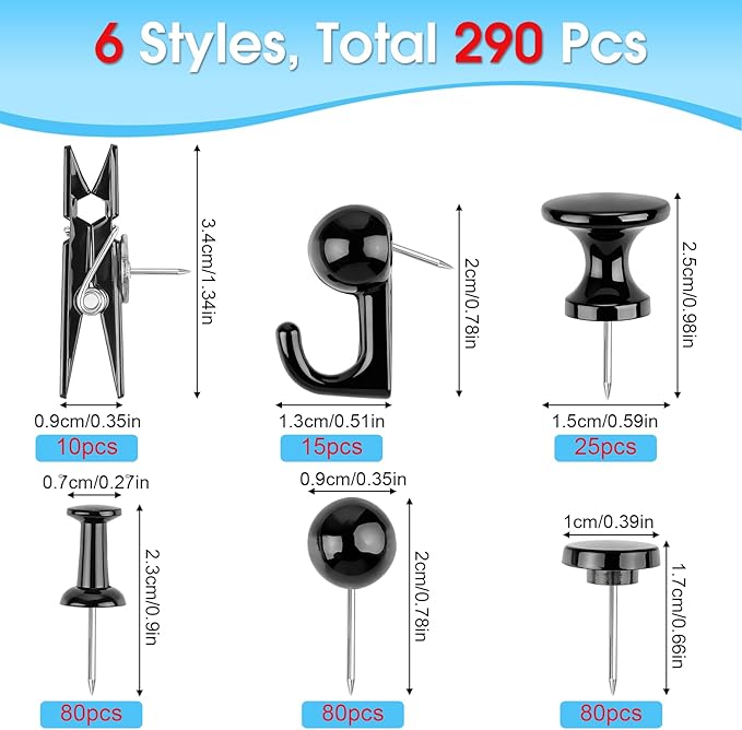 290 Pcs Push Pins, 6 Style Thumb Tacks Set for Wall Hanging,Cork Board, Bulletin Board, Decorative Steel Point Push Pins for Map, Photo, Craft, Office, Home - Black