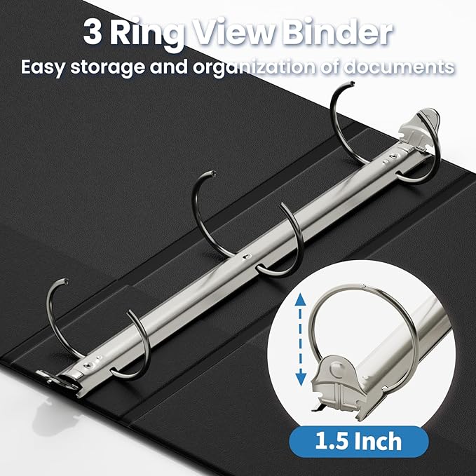 SUNEE 3 Ring Binder 1.5 Inch 1 Pack, Clear View Three Ring PVC-Free (Fit 8.5x11 Inches) for School or Office Supplies, Black