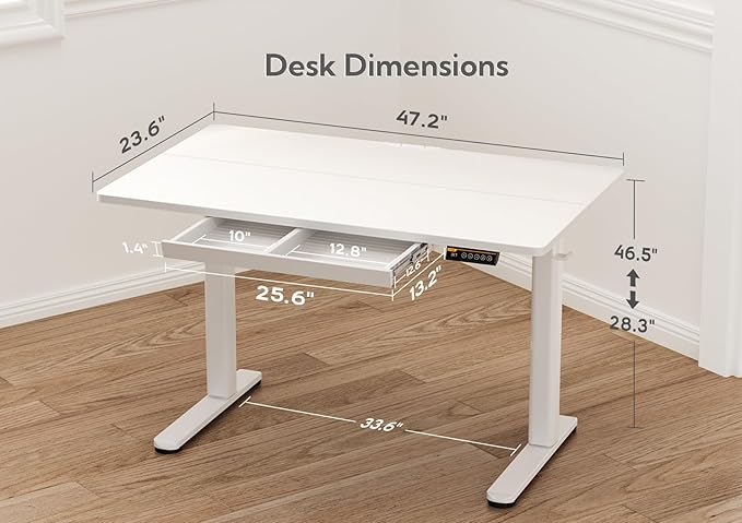 Claiks Standing Desk with Drawers, 48x24 Inch Electric Stand Up Desk, White Adjustable Height Sit Stand Computer Workstation, White