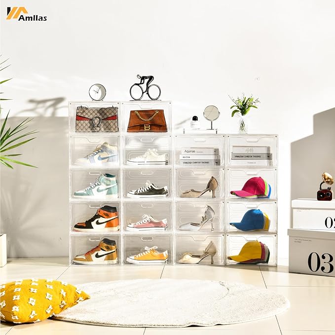 Amllas 8 Pack Shoe Boxes Clear Plastic Stackable, Large Shoe Storage Organizer with Lids,Drop Side Shoe Containers for Entryway,Sneaker Storage Fit up to US Size 13 (13’’x 10.6”x 8.3”)