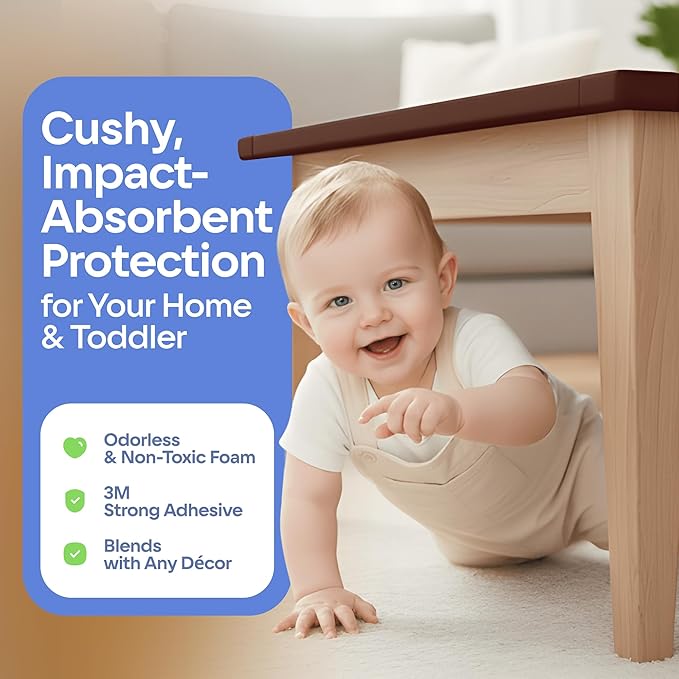 Sharp Edge and Furniture Safety Guards 20.4ft Protective Foam Cushion; 18ft Bumper 8 Adhesive Childsafe Corners Baby Caring Child Proofing Set NonToxic and Safe For Table, Fireplace, Countertop; Brown