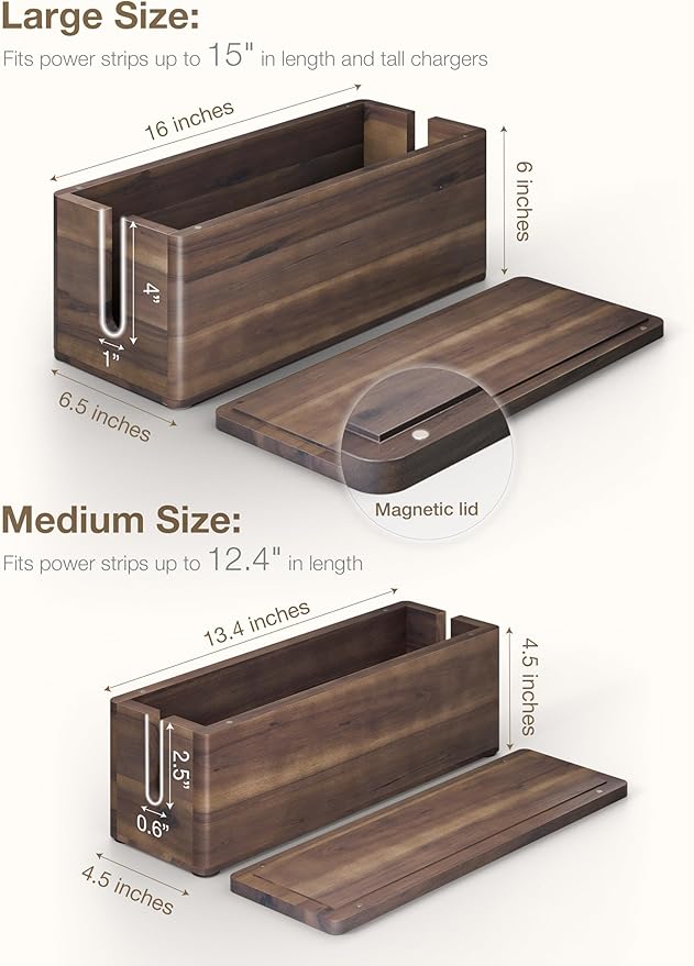 TIDITA Acacia Large Cable Management Box - Set of 2 Cord Box Hider for Office - Cable Hider Box, Surge Protector Box for TV Wires, Desk - Power Strip Box with 2 Open Slots, Magnetic Lid (Walnut color)