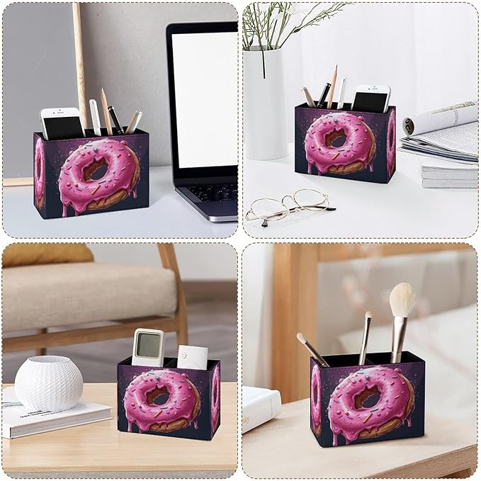 Famame Round Pink Dount Pencil Holder for Desk, Leather Desktop Container Pen Cup Storage Study Table Pen Organizer Makeup Brush Holder for Classroom Office Home